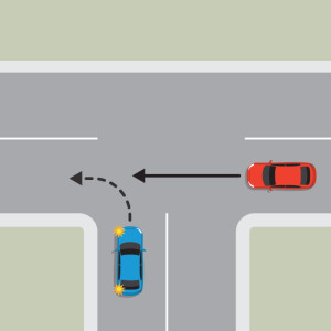A blue car is indicating left to turn onto the continuing road of a T intersection. A red car is approaching from the right in the lane the blue car wants to enter. The blue car must give way to the red car.