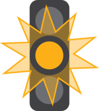 A 3 light traffic signal with the middle yellow light on and flashing.