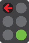 A 6 light traffic signal with the top red left arrow on and the bottom green light on.