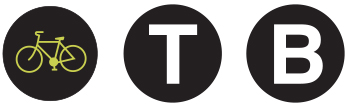A black circle with a yellow bicycle, a black circle with a white capital T, a black circle with a white capital B.