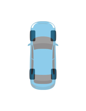 An aerial view of a blue car with the wheels highlighted. All four wheels are locked in a straight position.