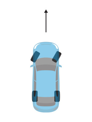 An aerial view of a blue car with the front wheel turned to the right. An arrow points ahead of the car to show it's moving straight ahead, instead of following the direction of the front wheels.