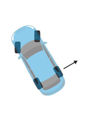 An aerial view of a blue car with the front wheels turned to the right. An arrow pointing from the rear wheels shows the rear of the car is swinging out to the right.