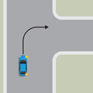 A blue car travelling on an unlaned road, indicating and turning right.