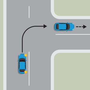 A blue car travelling on an laned road, indicating and turning right.