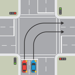 A blue car and a red car are waiting to turn right from a one-way street. The blue car in the left lane must stay in the left lane through the intersection. The red car in the right lane must stay in the right lane through the intersection.