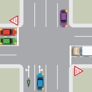 At a 4 laned intersection, a purple car is turning left. A white truck is in a right-hand lane. A blue car  is turning right . A red car is turning left  and a green car is turning right. All vehicles must stay in their lanes through the intersection. 