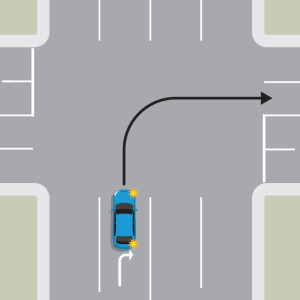 The blue car is in the right-hand turn lane. They must stay in the right-hand lane through the intersection.