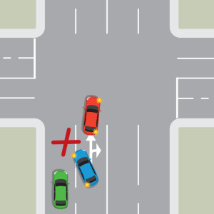 At an intersection, a red car and a blue car are travelling in the right lane, a green car is not far behind in the left lane. The blue car decides to change lanes suddenly, cutting off the green car. A red X shows this is not the right thing to do.