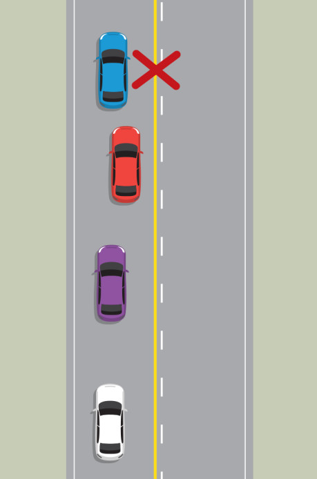 A road with two lanes and four cars travelling in the northbound lane. The front blue car remains in the centre of the road, preventing the red car behind from passing.