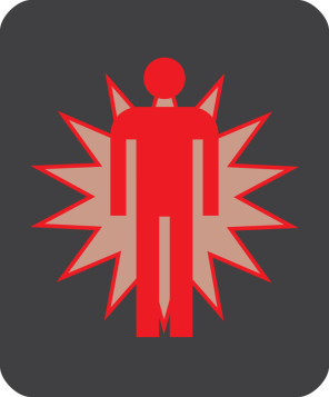 A red person standing straight on. There is a light red 14 point star behind showing that the signal is flashing. They're both set on a black background.