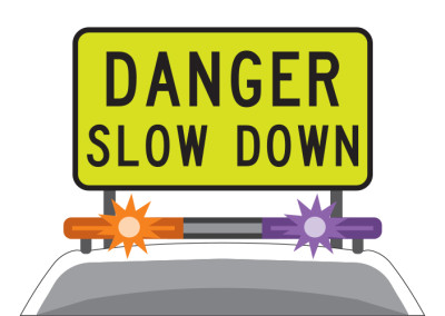 Yellow rectangle sign that reads danger slowdown, written across two lines with a black border. It's mounted on to the roof of a white car with orange and purple flashing lights.