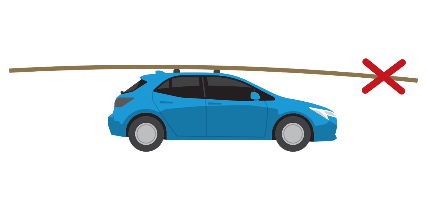Side view of a blue car incorrectly carrying a load which extends too far over the front and rear of the vehicle.