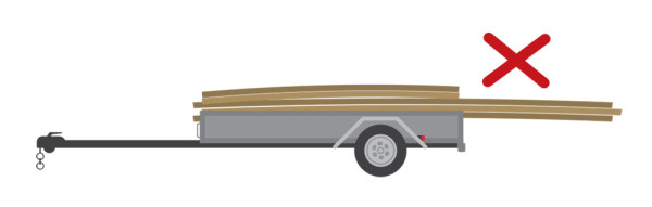 A side view of a grey trailer incorrectly carrying a load which extends too far over the rear axle.