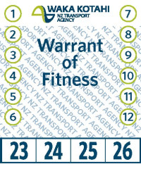 A sample of a Warrant of Fitness label, featuring the Waka Kotahi logo and circles and squares for selecting the month and year.