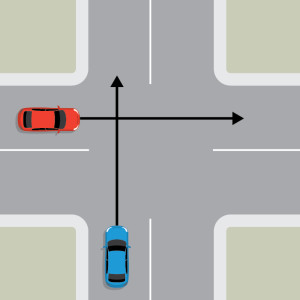 A blue car is travelling straight through a 4-way uncontrolled intersection. A red car is approaching from the left on the intersecting road, also travelling straight through.