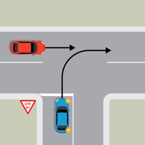 A blue car is indicating to turn right from the terminating road of a T intersection, into the flow of traffic. A red car is driving straight through the continuing road, in the lane the blue car wants to turn into. The blue car is behind a give way sign 