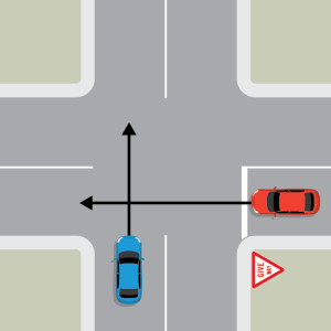 A blue car is travelling straight through a 4-way intersection. A red car is approaching from the right on the intersecting road, also travelling straight through. The red car is behind a give way sign and white line.