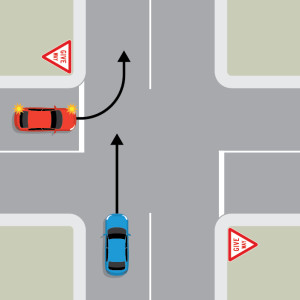 A blue car is travelling straight through a 4-way intersection. A red car is approaching from the left on the intersecting road, indicating left to turn into the same lane as the blue car. The red car is behind a give way sign and white line.