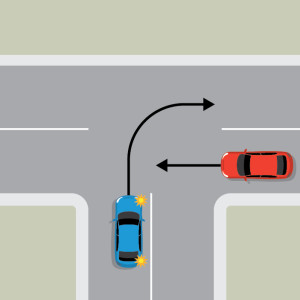 A blue car is indicating to turn right from the terminating road of a T intersection, into the flow of traffic. A red car is approaching from the right on the continuing road of the T intersection.