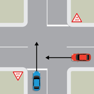 A blue car is travelling straight through a 4-way intersection. A red car is approaching from the right on the intersecting road, also driving straight through. The blue car is behind a give way sign and white line.