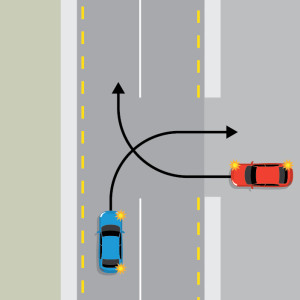 A blue car is indicating right, to turn off a laned road into a carpark. A red car is exiting the same carpark, indicating right to enter the lane the blue car is leaving.
