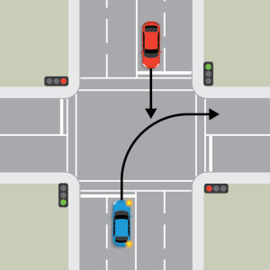 A blue car is indicating right at a 4-way intersection controlled by traffic lights. A red car travelling straight through in the opposite direction. They both have green lights.