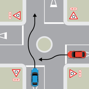 A blue car is approaching a single-laned roundabout with four exits, each with give way signs. To the right of the blue car, a red car is approaching the roundabout. Neither car is indicating.