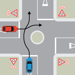 A blue car is approaching a single-laned roundabout with four exits, each with give way signs. Ahead on their left, a red car is approaching. Neither car is indicating.
