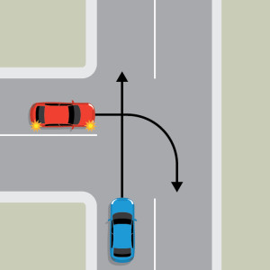 A blue car is driving straight on the continuing road of a T intersection. To the left, a red car is indicating to turn right out of the terminating road of the T intersection, into the flow of traffic.