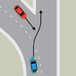 A blue car and a red car approach an uncontrolled intersection from opposite directions, around a curve. The blue car indicates right to cross the centre line and continue straight on the other road. The red car follows the centre line around the curve.