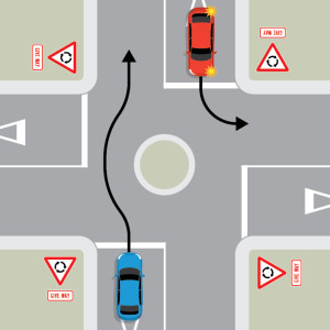 A blue car is approaching a single-laned roundabout with four exits, each with give way signs. The blue car is not indicating. A red car is approaching the roundabout in the opposite direction, indicating left.