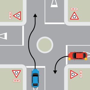 A blue car is approaching a single-laned roundabout with four exits, each with give way signs. The blue car isn't indicating. To the right of the blue car, a red car is approaching and indicating left. 