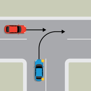A blue car is indicating to turn right from the terminating road of a T intersection, into the flow of traffic. A red car is approaching from the left on the continuing road of the T intersection.