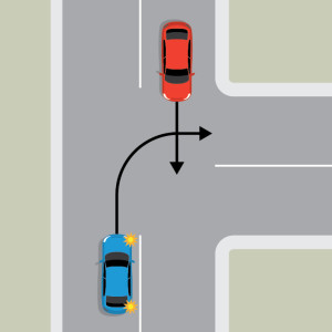 A blue car and a red car are travelling in opposite directions on the continuing road of a T intersection. The blue car is indicating to turn right onto the terminating road, the red car is continuing straight ahead.
