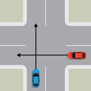 A blue car is travelling straight through an uncontrolled 4-way intersection. To their right, a red car is travelling straight towards them on the intersecting road.