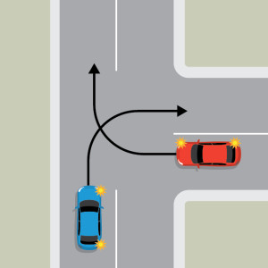 A blue car is indicating right to turn off the continuing road of a T intersection, into the terminating road. A red car is indicating to turn right out of the terminating road, into the continuing road of the T intersection.