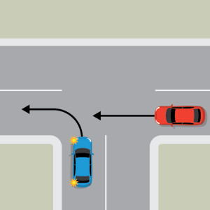 A blue car is indicating to turn left from the terminating road of a T intersection, into the continuing road. A red car is approaching from the right in the same lane the blue car is indicating to turn into.