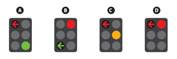 Four traffic lights labelled A, B, C and D, displaying different signals. A shows a green signal and red left arrow. B shows a red signal and green left arrow. C shows a yellow signal and red left arrow. D shows a red signal and red left arrow.