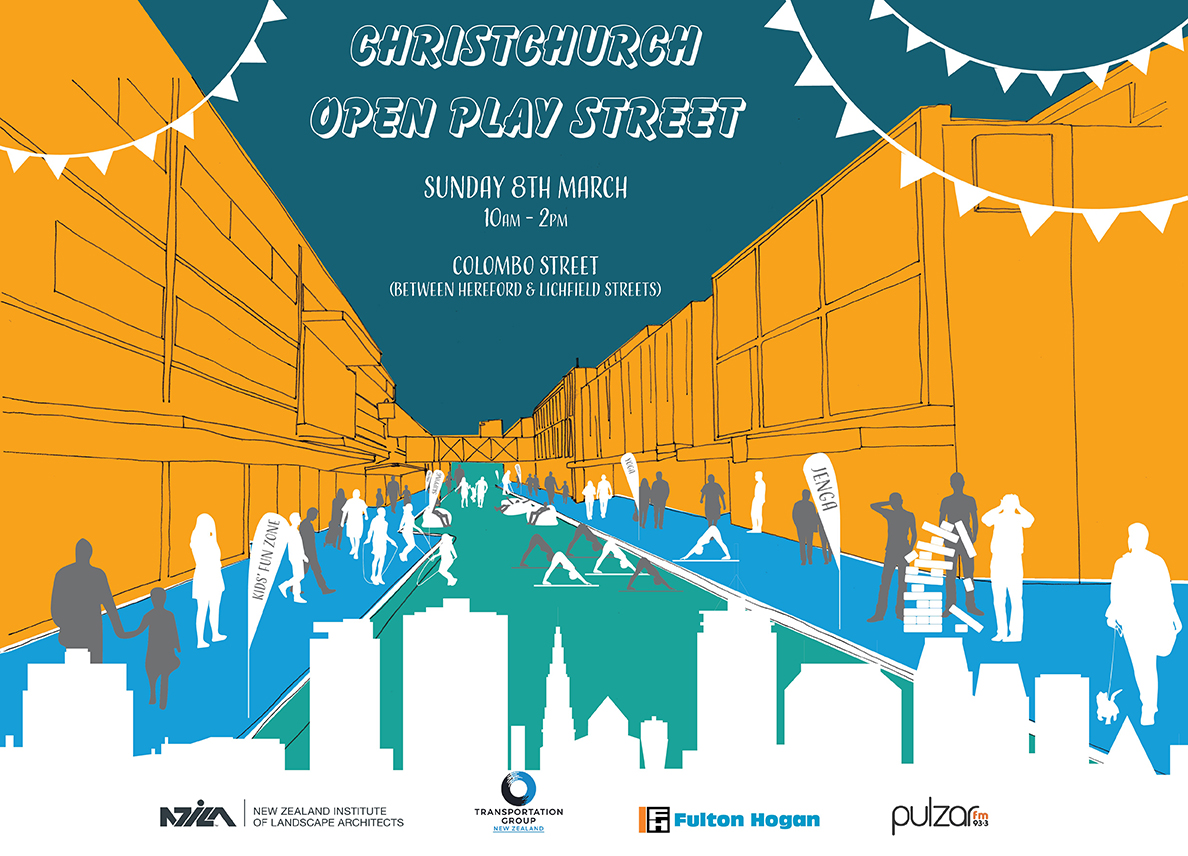Event flyer advertising Christchurch Open Play Street