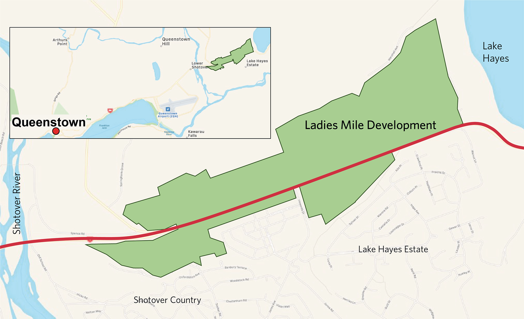 Map of Ladies Mile area shown in green with red line running through.