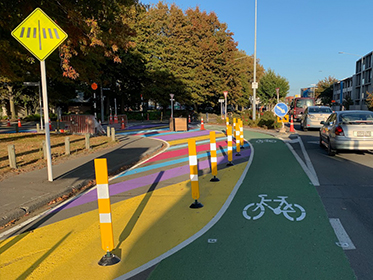Ferry Road in Christchurch with new cycleway and colourful separators
