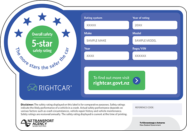 An example of the vehicle safety rating label showing the safety rating, make, model, year and rego