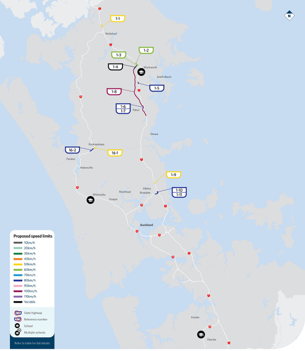 Map showing locations of proposed speed limit changes in Auckland