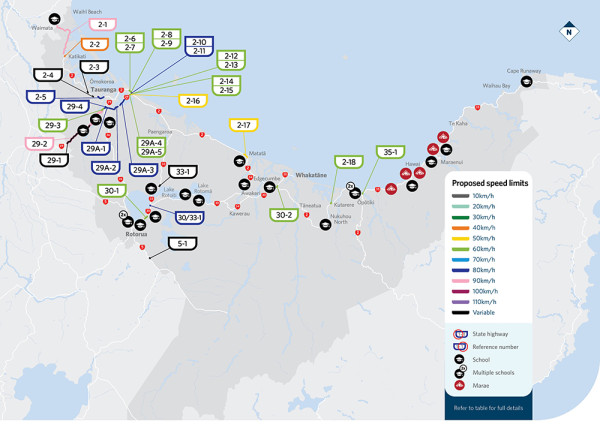 Map showing locations of proposed speed limit changes in Bay of Plenty