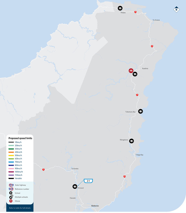 Map showing locations of proposed speed limit changes in Gisborne