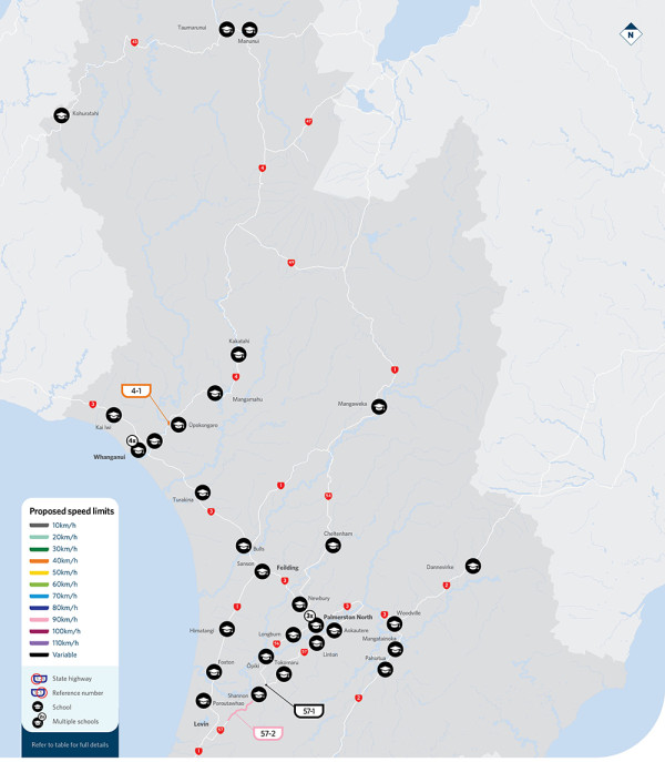 Map showing locations of proposed speed limit changes in Manawatū and Whanganui