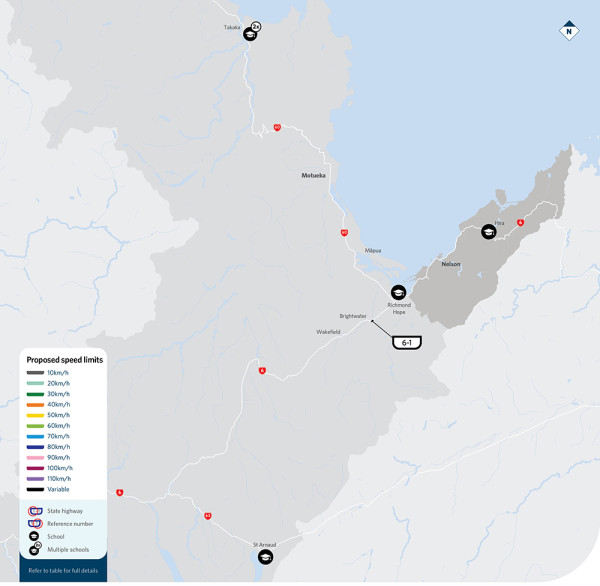 Map showing locations of proposed speed limit changes in Nelson and Tasman