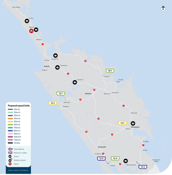 Map showing locations of proposed speed limit changes in Northland
