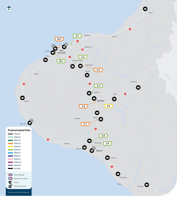 Map showing locations of proposed speed limit changes in Taranaki